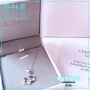 Silver necklace with double star pendant for women with rhodium plating